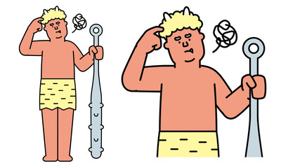 頭を指でかいて悩んでいる金棒を持った赤鬼の全身イラスト素材。