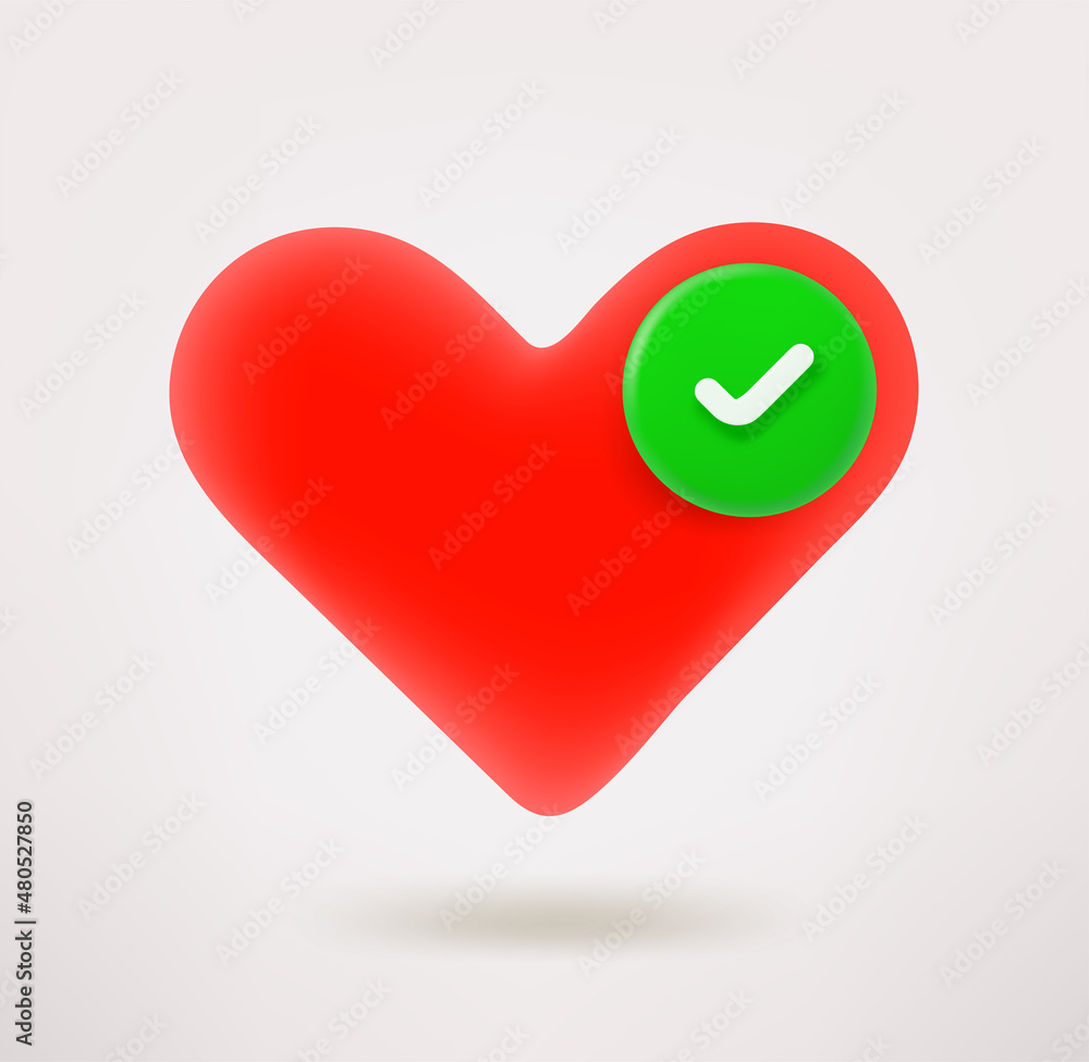 Poster Red heart icon with checkmark. 3d vector icon