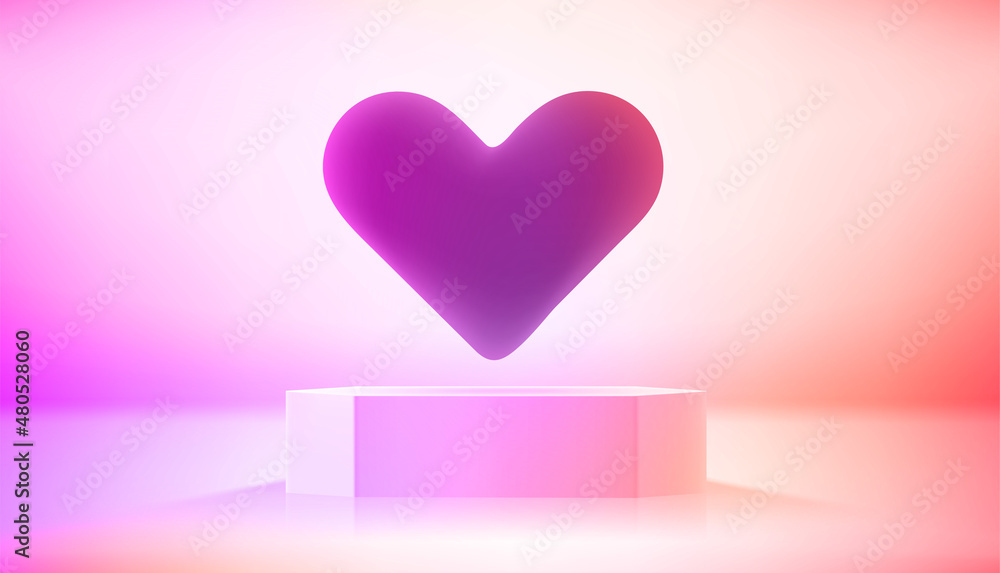 Poster Studio with vivid hologram glow effect and heart shape. Vector 3d illustration with copy space