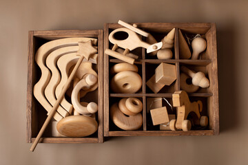 wooden toys, a set of wooden toys in a box