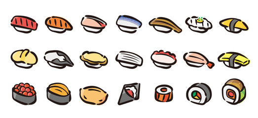 Sushi icon set for graphic (Hand-drawn line, colored version)
