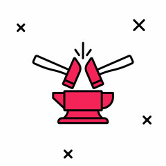 Filled outline Blacksmith anvil tool and hammer icon isolated on white background. Metal forging. Forge tool. Vector