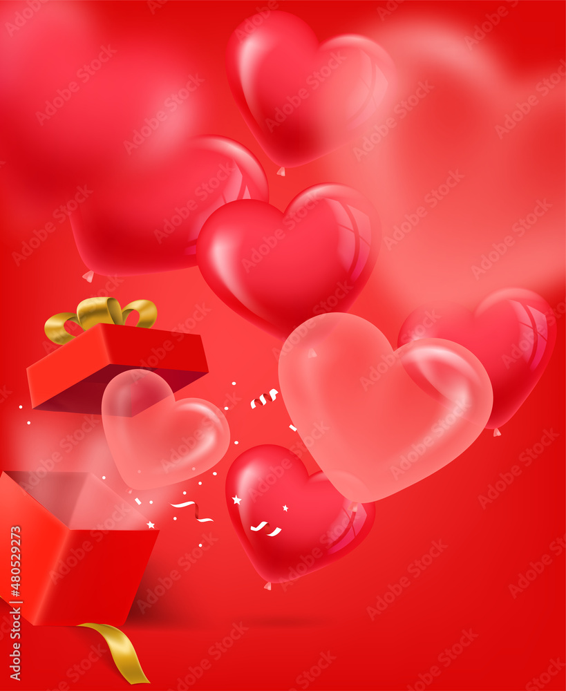 Poster opened red gift box with red and pink hearts. 3d vector banner with copy space