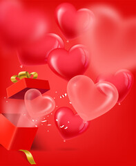 Obraz na płótnie Canvas Opened red gift box with red and pink hearts. 3d vector banner with copy space