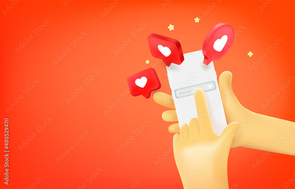 Poster Man writing a message in social media via mobile phone. 3d vector banner with copy space