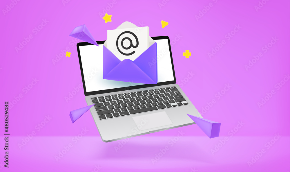 Poster sending and receiving emails via modern laptop. 3d vector illustration