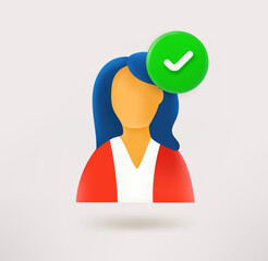 Pretty young woman icon with checkmark. 3d vector icon