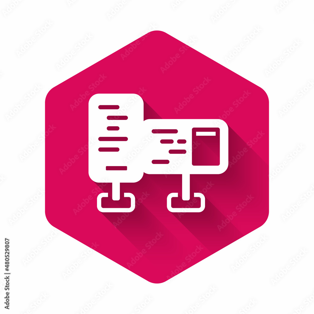Poster White Computer monitor screen icon isolated with long shadow background. Electronic device. Front view. Pink hexagon button. Vector