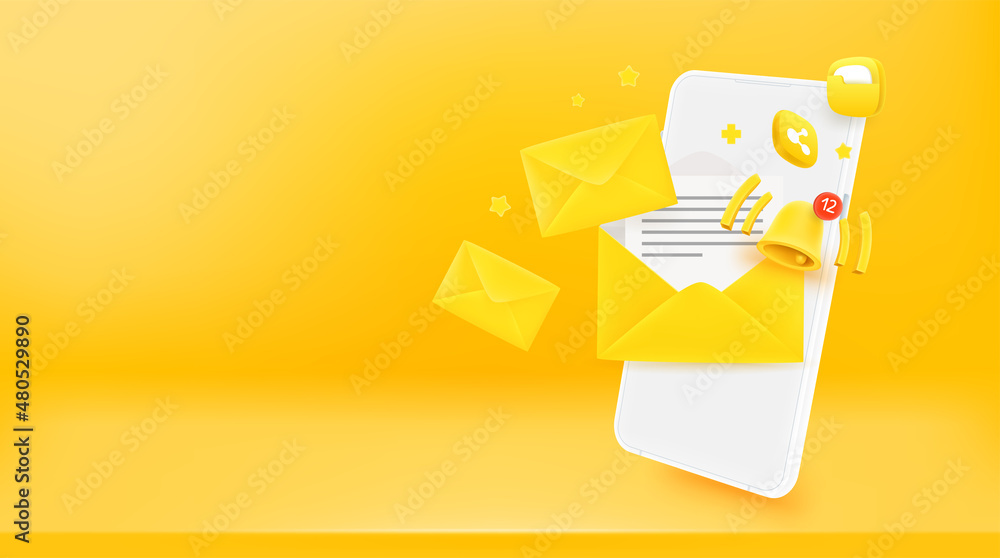 Poster Sending and receiving messages via modern mobile phone. 3d vector banner with copy space