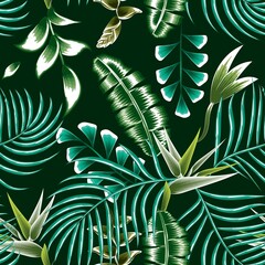 blue palm trees on dark green background seamless pattern with tropical banana leaves and bird of paradise flowers plants and foliage, tropical summer beach print. Exotic tropics. fashionable texture