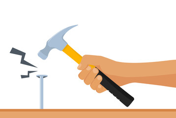 Man hammers in the nail isolated on white background.