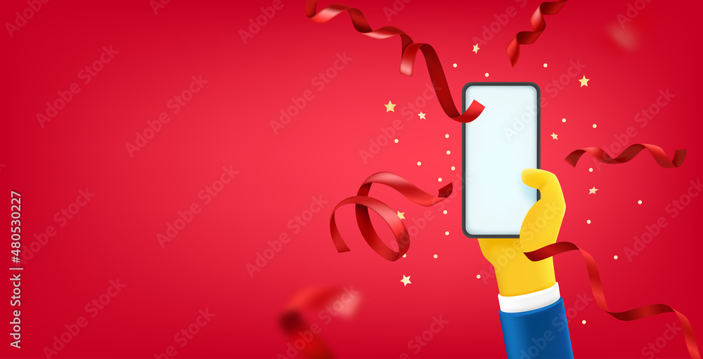 Aufkleber Man holding modern smartphone with red ribbons. Vector banner with copy space