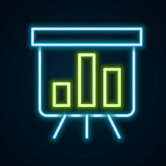 Glowing neon line Board with graph chart icon isolated on black background. Report text file icon. Accounting sign. Audit, analysis, planning. Colorful outline concept. Vector