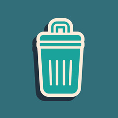 Green Trash can icon isolated on green background. Garbage bin sign. Recycle basket icon. Office trash icon. Long shadow style. Vector