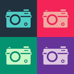 Pop art Photo camera icon isolated on color background. Foto camera. Digital photography. Vector