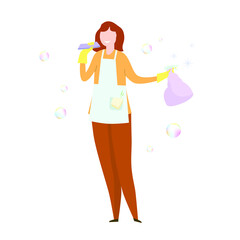 Ginger girl. Beautiful cleaning lady with sponge and cleaning agent in a bottle. Vector illustration.