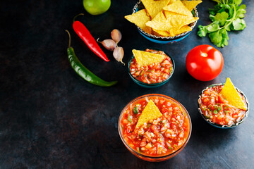 Salsa sauce and ingredients: tomato, onion, garlic, cilantro, lime, pepper. Homemade mexican salsa sauce and nacho chips on a dark background. Top view. Copy space
