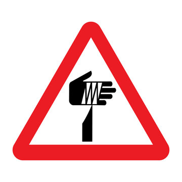 Sharp element warning sign. Vector illustration of red triangle sign with bandaged hand above sharp tool. Caution dangerous objects. Risk of injury, wound body.