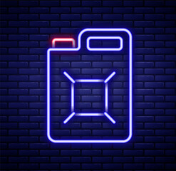 Glowing neon line Canister for gasoline icon isolated on brick wall background. Diesel gas icon. Colorful outline concept. Vector