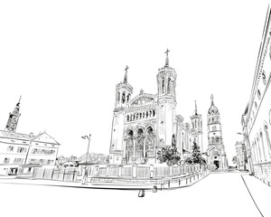 Fototapeta premium France. Lyon. Basilica of Notre-Dame de Fourvière. Hand drawn sketch. Vector illustration.