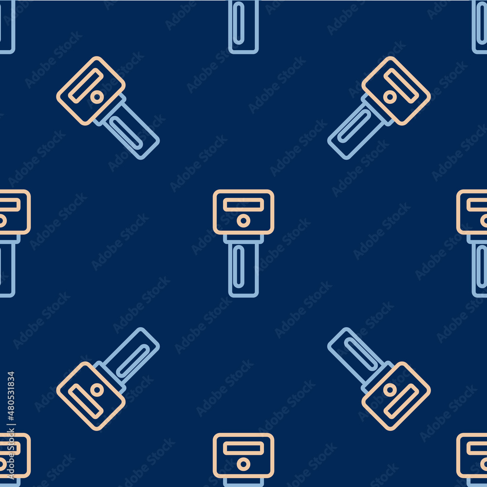 Poster line car key with remote icon isolated seamless pattern on blue background. car key and alarm system