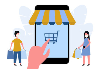Smartphone online shopping people wear a mask