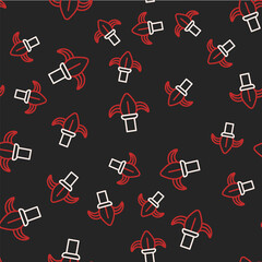 Line Classic iron fence with metal pillars icon isolated seamless pattern on black background. Ancient wrought iron fence. Vector