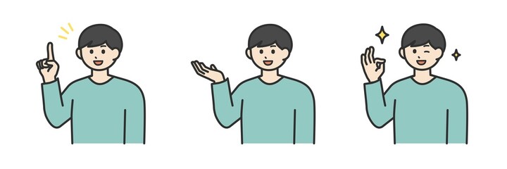若い男性の表情とジェスチャーのイラスト素材セット