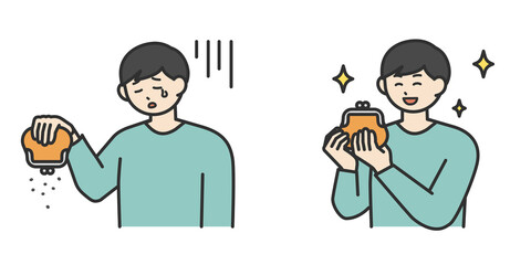 若い男性のお金の悩みが解決されるイメージのイラスト素材