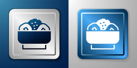 White Chow mein on plate icon isolated on blue and grey background. Asian food. Silver and blue square button. Vector