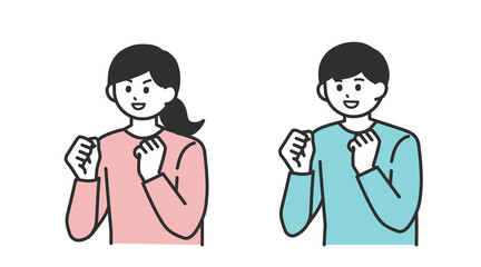 若い男性と若い女性がガッツポーズをするイラスト素材