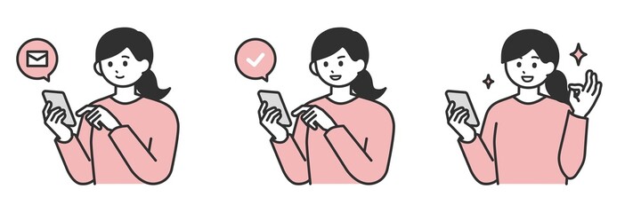 若い女性がスマートフォンを操作して登録するイラスト素材セット