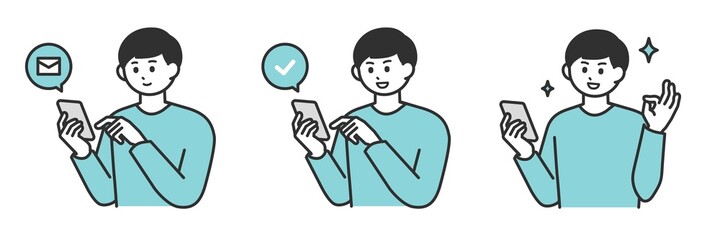 若い男性がスマートフォンを操作して登録するイラスト素材セット