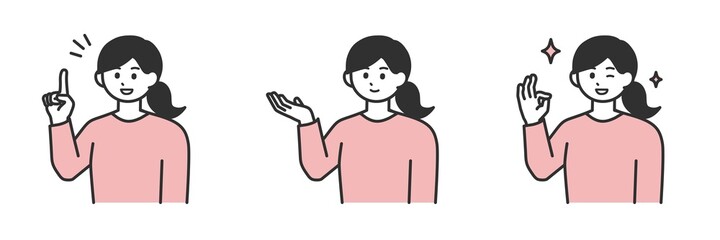 若い女性の表情とジェスチャーのイラスト素材セット