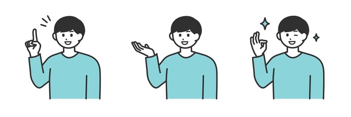 若い男性の表情とジェスチャーのイラスト素材セット