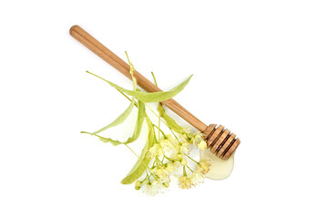 Wooden honey dipper with fresh linden blossom isolated on white