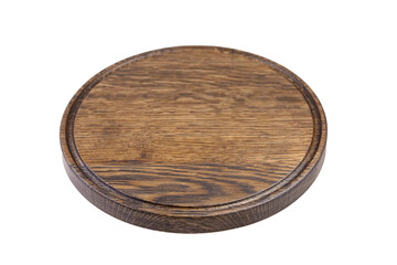 Round wooden cutting board with groove isolated on white