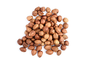 Raw shelled hezelnuts or filberts isolated on white