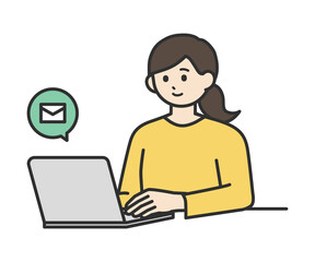 若い女性がノートパソコンを操作してメールを送るイラスト素材セット