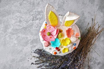 Decorative festive easter with easter bunny and lavender branches