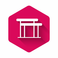 White Gymnastics equipment uneven bars icon isolated with long shadow background. Pink hexagon button. Vector