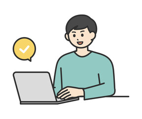若い男性がノートパソコンを操作して登録するイラスト素材セット