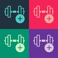 Pop art Dumbbell icon isolated on color background. Muscle lifting, fitness barbell, sports equipment. Vector