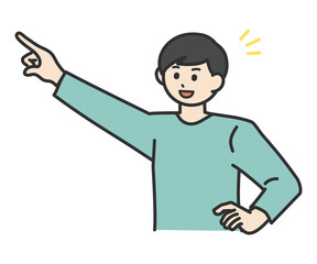 若い男性が斜め上に指を刺すポーズのイラスト素材