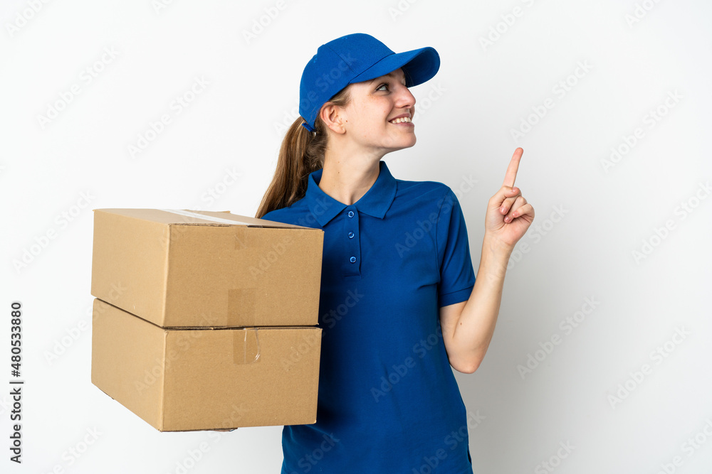 Poster Young delivery woman isolated on white background pointing up a great idea