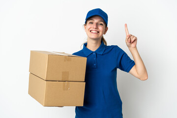 Young delivery woman isolated on white background pointing up a great idea