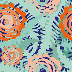 Abstract peony flower and leaves seamless vector pattern background. Tropical color backdrop with overlapping flowers foliage. Modern paper cut out style peonies. Botanical garden florals repeat