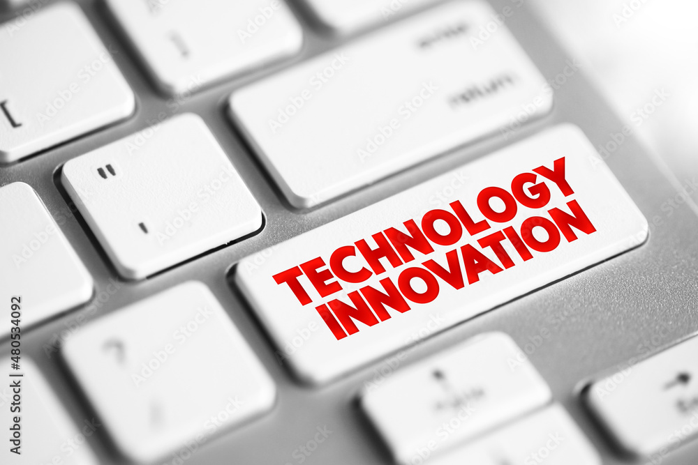 Poster technology innovation text button on keyboard, concept background
