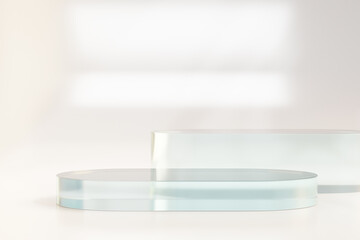 White background round block clear glass step podium light theme. 3D illustration rendering.