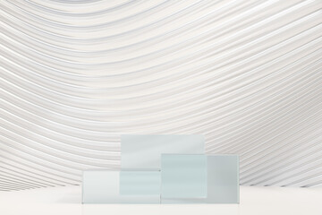 Three block clear glass step podium light theme White background. 3D illustration rendering.